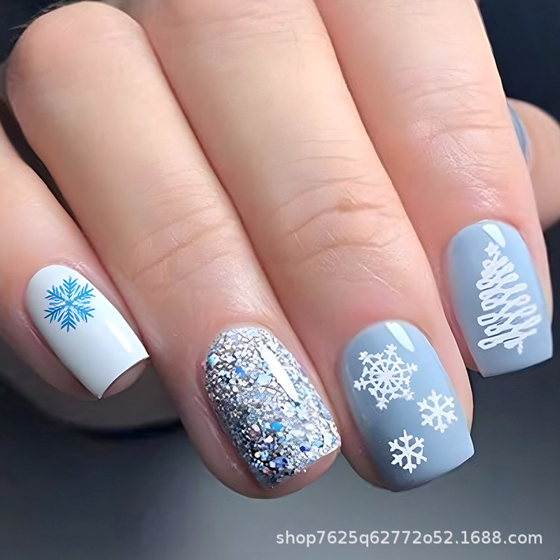 Cross-Border Boxed Set of 24 High-Quality Blue Cool-Looking Nail Art Stickers with Christmas Tree and Snowflake Prints, Removable and Wearable Nail Patches
