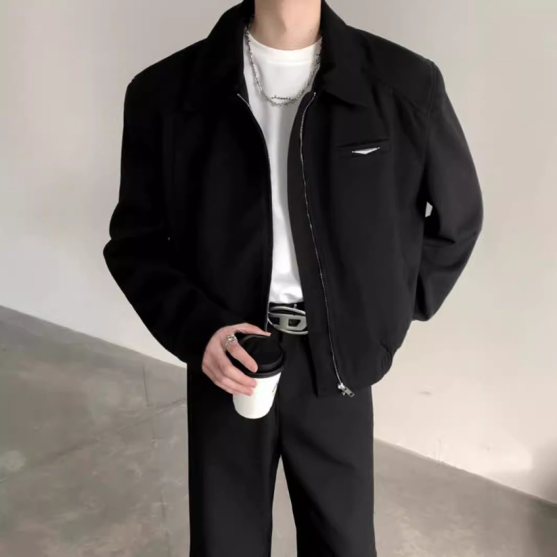 cleanfit Short Jacket Men's Spring and Autumn Duffy Handsome American Shoulder Pad Jacket High-grade Black Lapel Baseball Suit