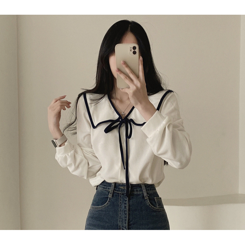 한국 CHIC2024 초기 봄 새로운 디자인 시대를 줄이는 젠틀 보우 레이스 업 인형 칼라 셔츠 탑