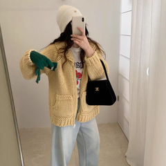 八奶重磅粗针毛衣外套女2025韩系翻领加厚百搭宽松慵懒风针织开衫