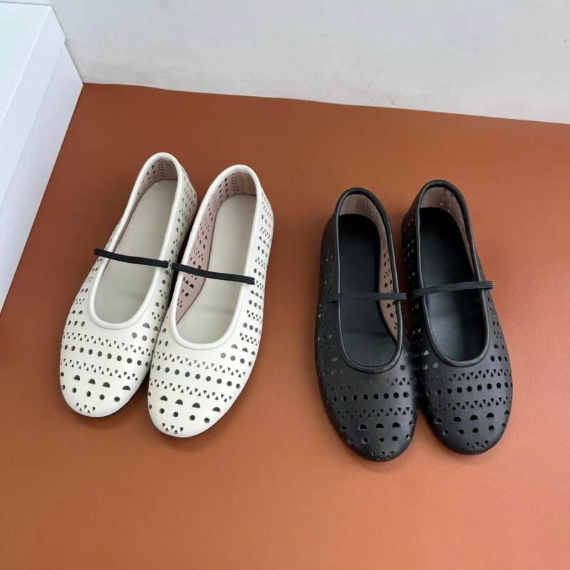 2025 New Genuine Leather Flats-Soled Nude Ballet Shoes Cut Out Breathable Hole Shoes Elastic One-Strap Mary Jane Women's Shoes