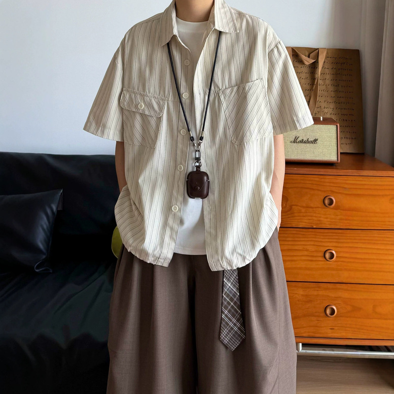 American retro fine-striped short-sleeve shirt, unisex, summer workwear, drawstring short style, old money style casual shirt American retro fine-striped short-sleeve shirt, unisex, summer workwear, drawstring short style, old money style casual shirt