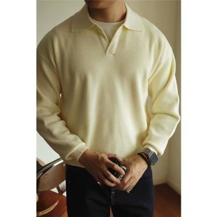 American V-neck sweater pullover sweater thick needle lapel men's POLO long sleeve solid color Spring and Autumn new top