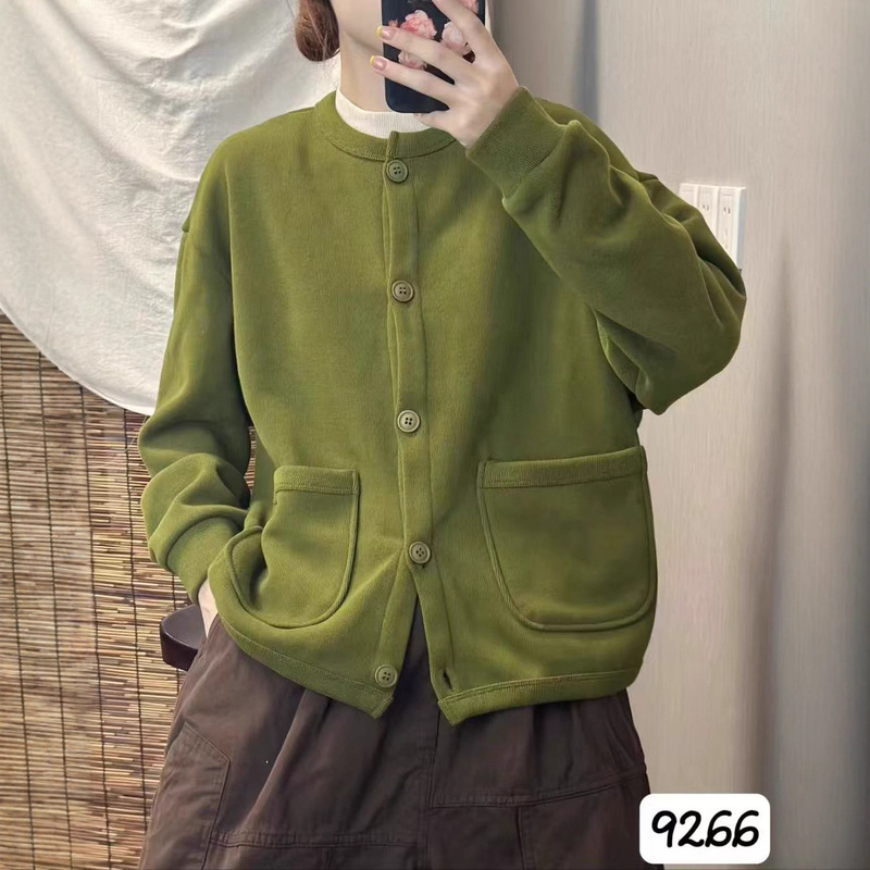 CO秋冬款韩版宽松简约圆领双口袋加绒休闲外套百搭保暖上衣女9266|undefined