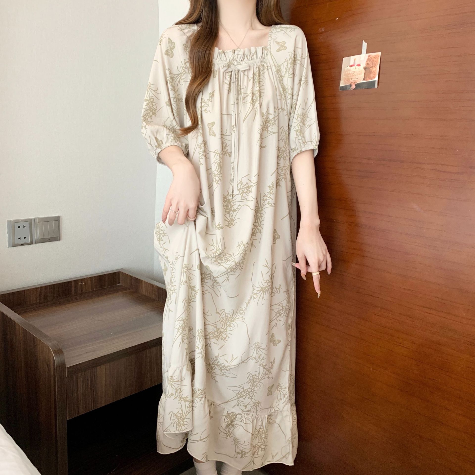 Yaoting pijamas de verano mujeres primavera y otoño encantador impresión suelta vestido larga larga larga ropa de hogar de mangas cortas HDF5291