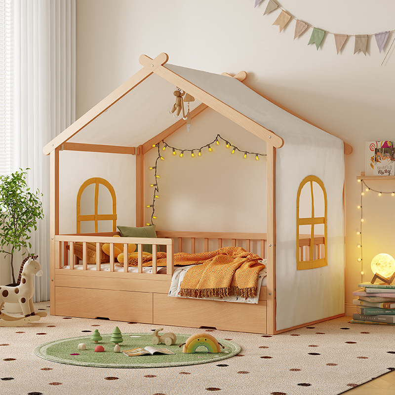All Solid Wood Children's Bed, Girl's Princess Bed, Baby Single Bed, Boy's Treehouse Bed, Small Bed with Pull-Out Bed and Guardrail for Home Use