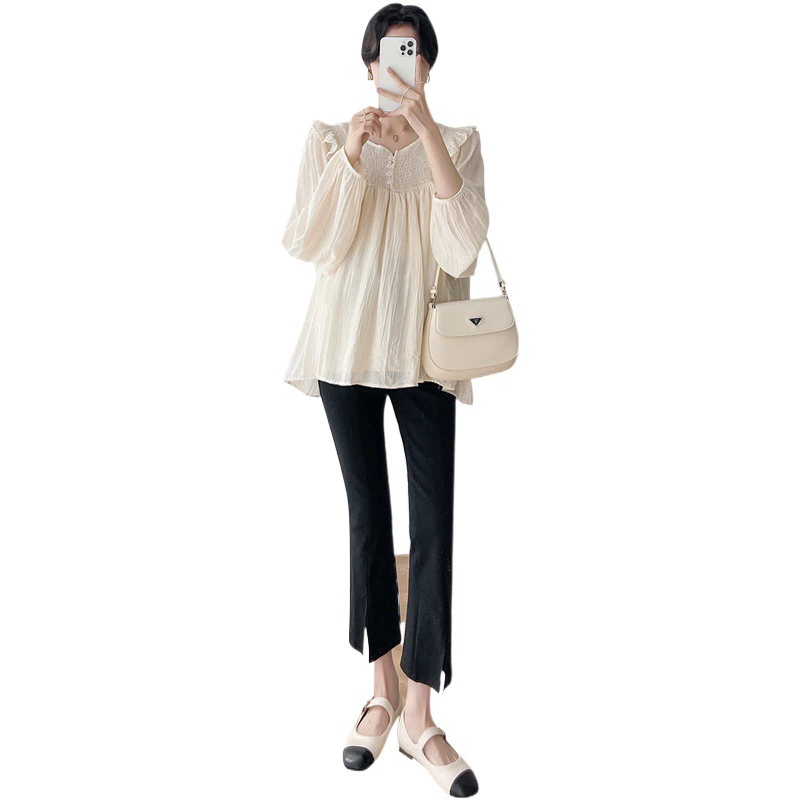 Новая весенне-осенняя одежда для беременных: свободный топ-рубашка с рюшами, V-образным вырезом и длинными рукавами