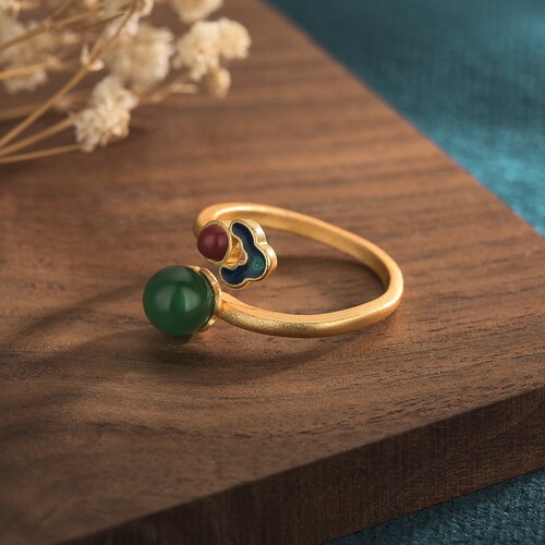 Internet celebrity live broadcast with goods source ancient gold ethnic style enamel burnt blue cloisonné women's open chalcedony ring