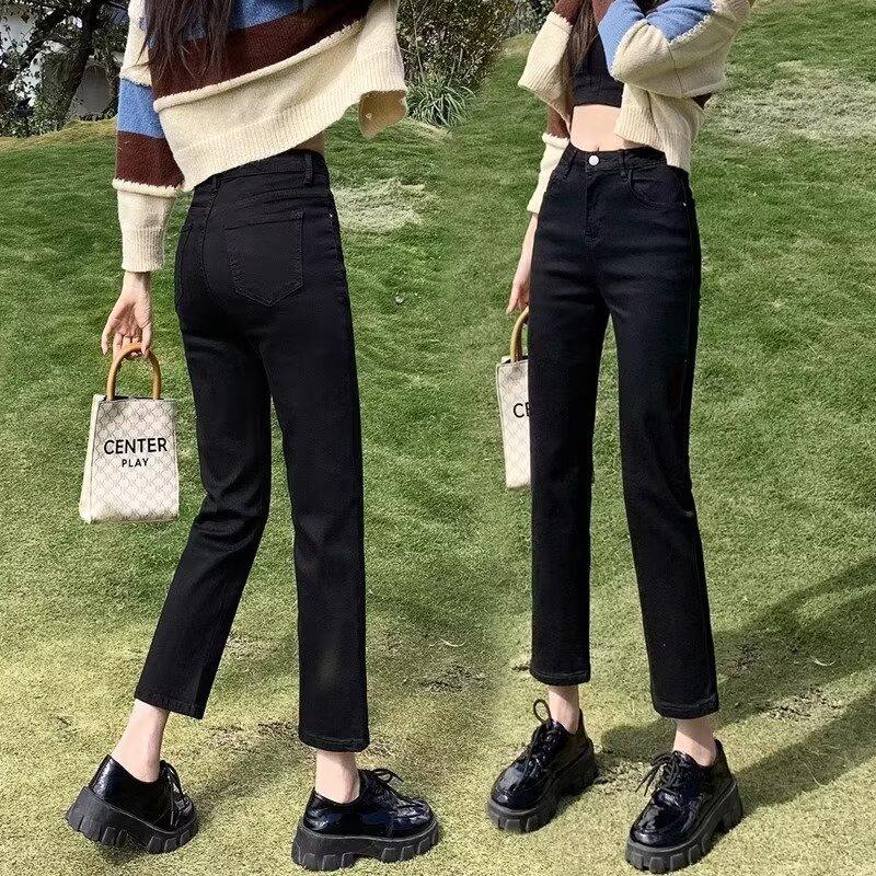 2025 Spring, Autumn, and Summer Black Straight-Leg Jeans for Women, Thin Style, New Spring Model, Cropped Length for Petite Sizes, Wholesale 2025 Spring, Autumn, and Summer Black Straight-Leg Jeans for Women, Thin Style, New Spring Model, Cropped Length for Petite Sizes, Wholesale