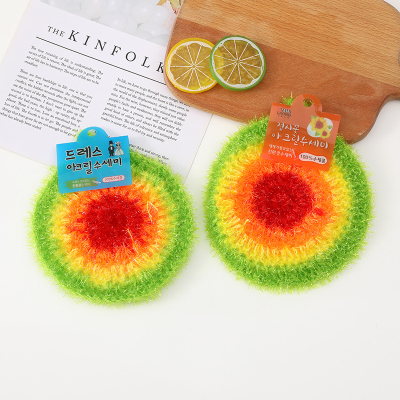 Wholesale Korean dish cloth four-color round acrylic brush Bowl towel kitchen non-oily dish towel pot brush scouring pad Wholesale Korean dish cloth four-color round acrylic brush Bowl towel kitchen non-oily dish towel pot brush scouring pad