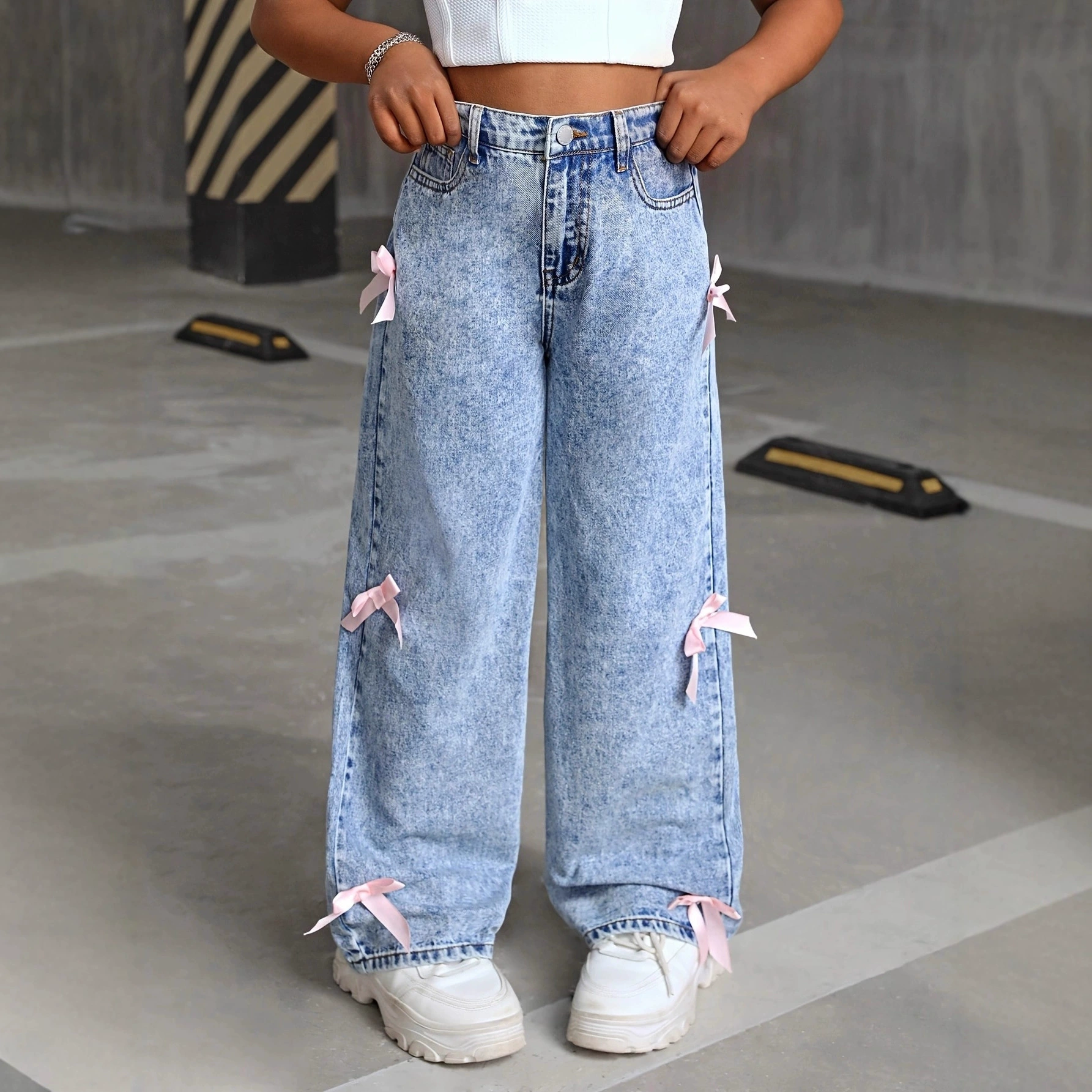 Эксклюзивные трансграничные брюки Amazon для девочек-подростков, новые модные широкие брюки с вытертым бантом и жареной снежинкой