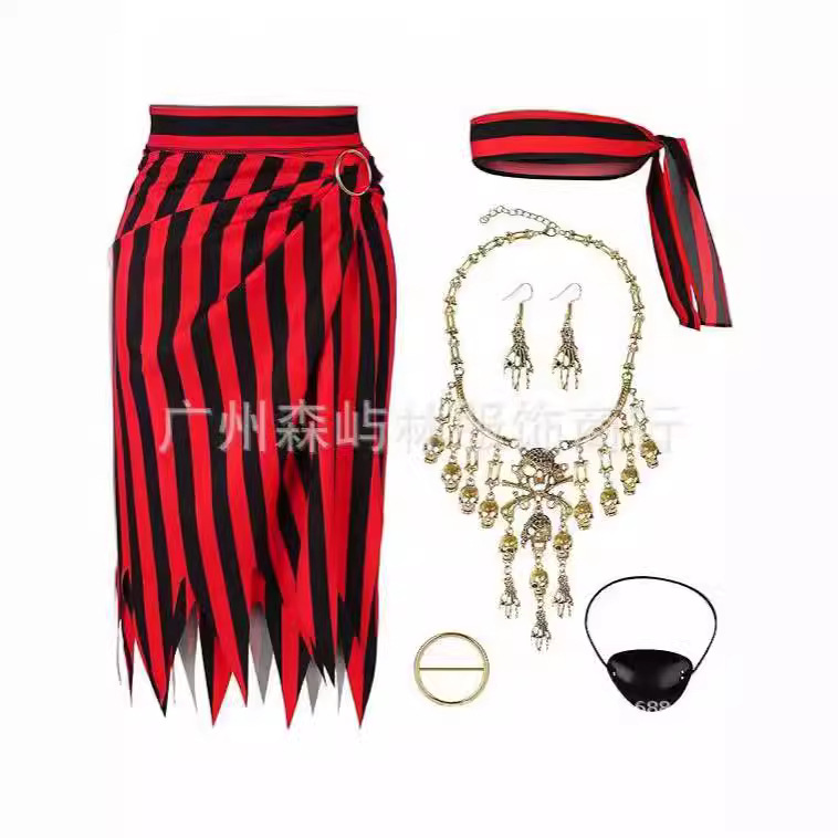 Cross-Border New Product Amazon Pirate Clothing Women's Adult Headscarf Skirt Cosplay Red Striped Skirt