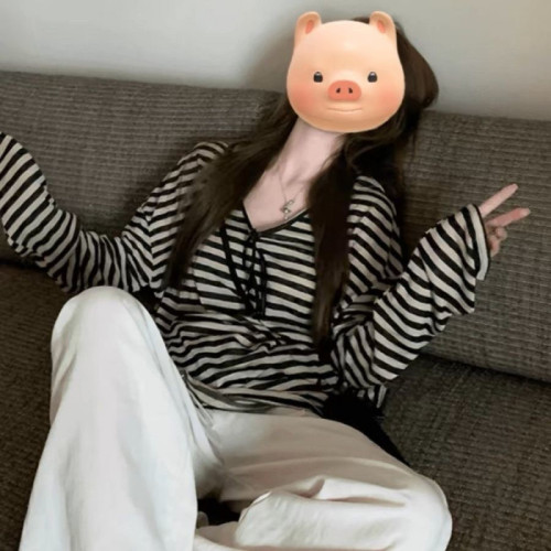 American Retro Color-Blocking Striped Sun Hat T-Shirt for Women - Summer Loose Casual Relaxed Sensation Top - Thin Model