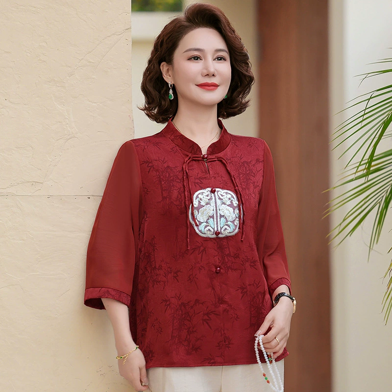 Летняя новая мода мама одеваются в китайском стиле с семью рукавами рубашка среднего и пожилого возраста женская свободная вышитая топ большого размера