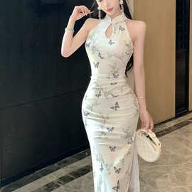 法式气质轻熟连衣裙女2026新款夏季复古印花开叉修身中长旗袍裙