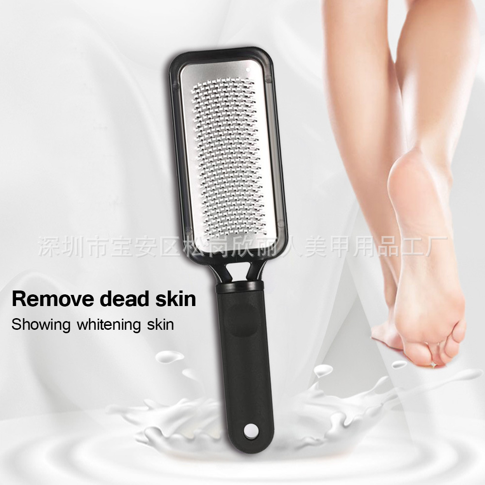 Venta caliente herramientas de uñas pie frotar puede ser reciclado Pie de acero inoxidable frotar Paquete de tablero borde raspado antideslizante pie frotar en stock