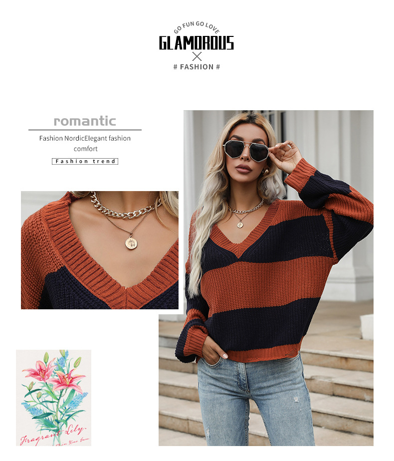 Color Matching Striped V-Neck Knitted Sweater NSYYF104791