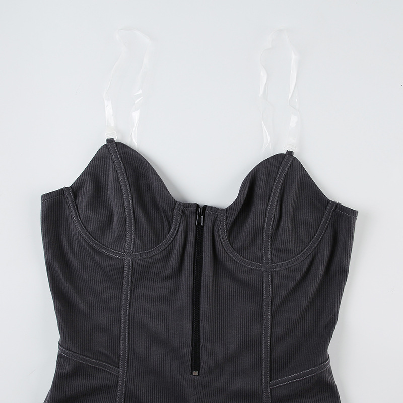 Women Tube Top See through Bra Straps Distressed Rib Sexy Jumpsuit Personality Suspender Shorts
