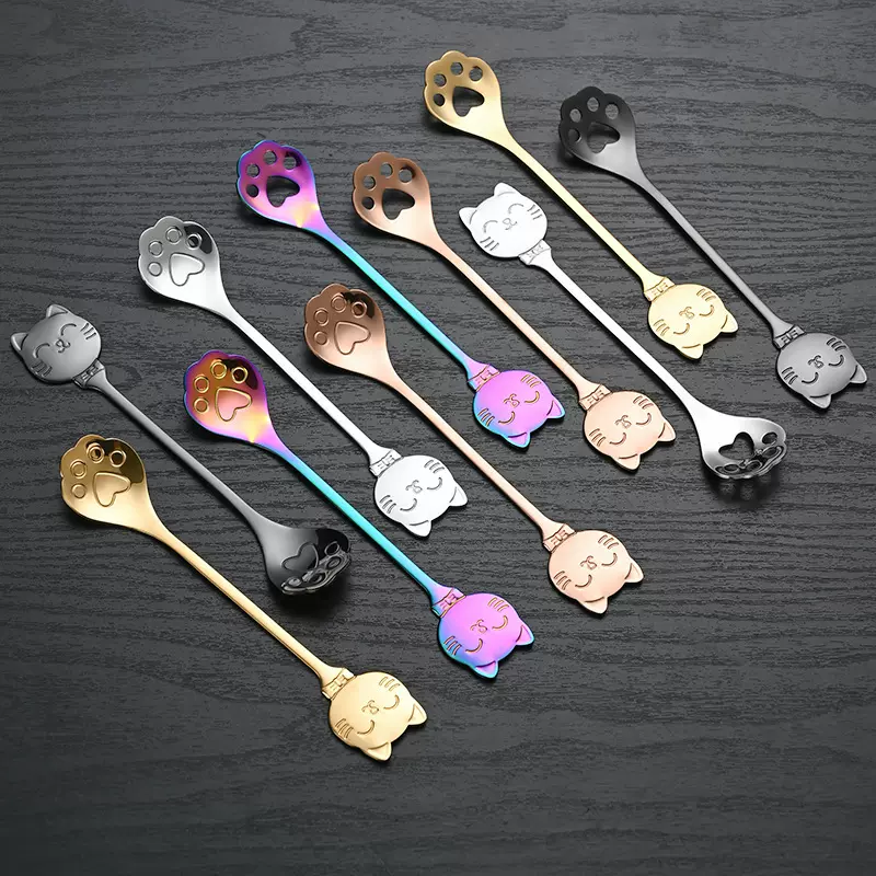 跨境不锈钢猫爪勺子高颜值咖啡搅拌勺漏勺儿童卡通甜品勺伴手礼勺