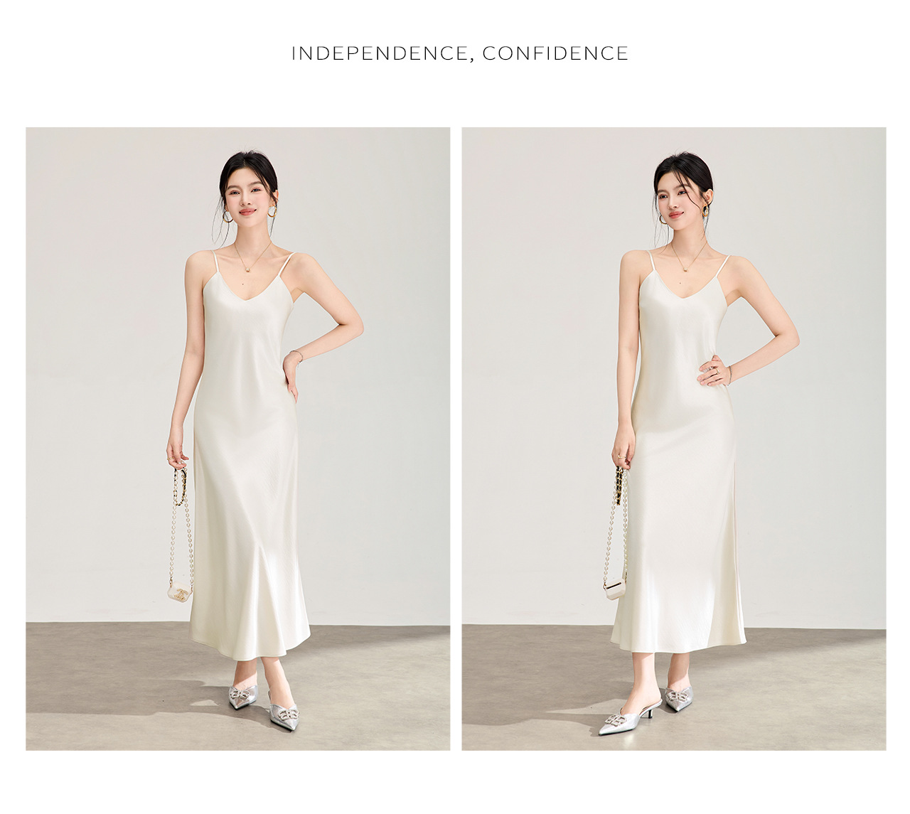 Đầm maxi nữ satin dáng suông, cổ yếm dây mảnh, thiết kế xéo cạnh — màu đen chi tiết 13
