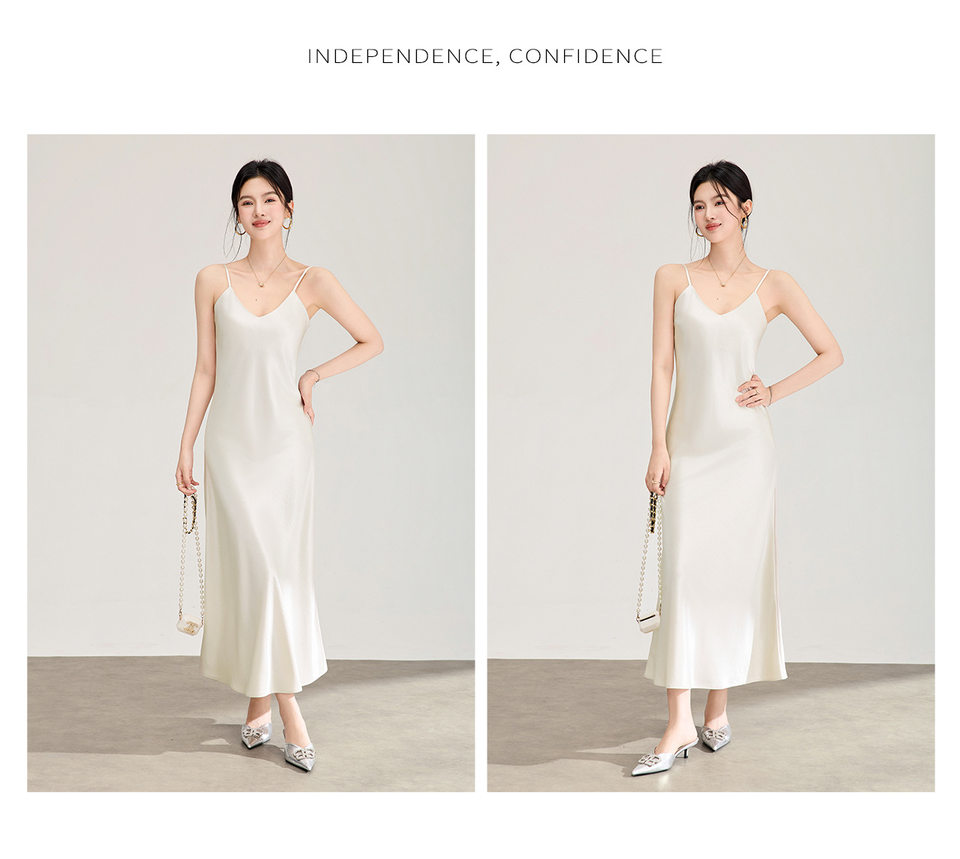 Đầm maxi nữ satin dáng suông, cổ yếm dây mảnh, thiết kế xéo cạnh — màu đen chi tiết 13