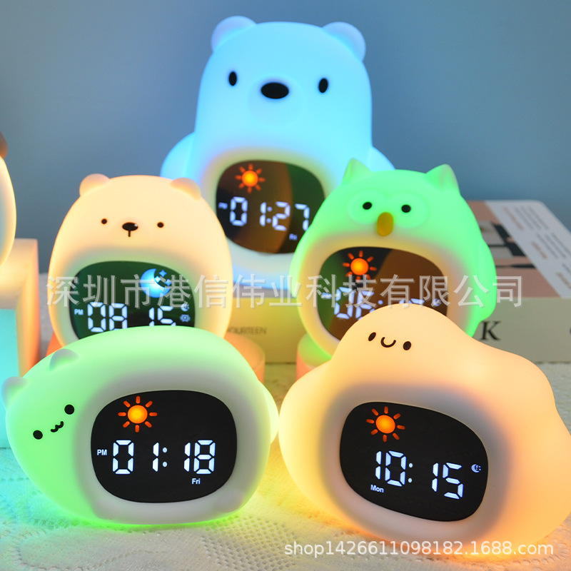 Los niños duermen con luces nocturnas de silicona reloj de alarma de aprendizaje de gestión de tiempo de carga transfronteriza lindo animal