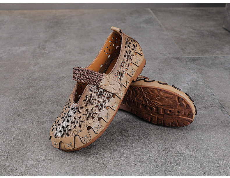 Sandal nữ da bò thật đế bệt phong cách retro họa tiết rỗ — màu trắng chi tiết 11