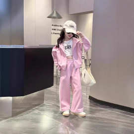 女童运动套装春秋款2025新款中大童洋气纯色连帽衫外套休闲两件套