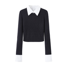 2025秋季新款女装简约时尚百搭拼接假两件针织衫上衣 803015