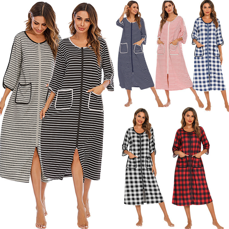 Cross-Border European and American 2026 Spring/Summer New Style Home Wear Comfortable Casual Loose-Fitting Three-Quarter Sleeve Plus-Size Striped Nightgown Wholesale