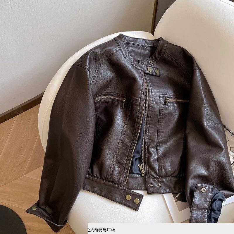 皮衣外套港风复古新款机车短款小个子皮夹克宽松夹克新款工厂代发|undefined