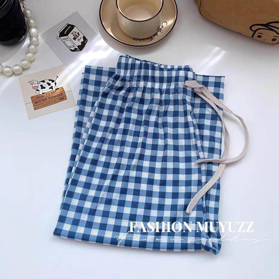 Zhao Lusi el mismo estilo de pantalones a cuadros para mujer primavera, verano y otoño 25 nuevos pantalones anchos casuales de pierna ancha sueltos perezosos azules