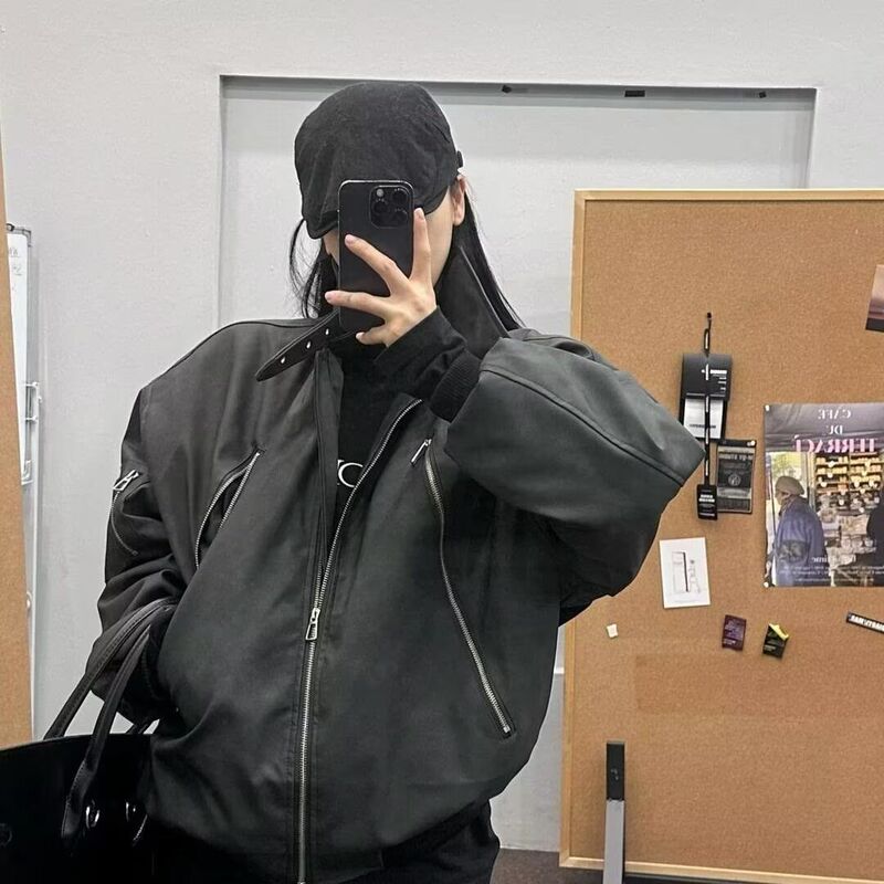 Trendy Maillard Color Workwear Jacket Couple Spring and Autumn American Style Multi-Zip Design Pilot Jacket New Trend