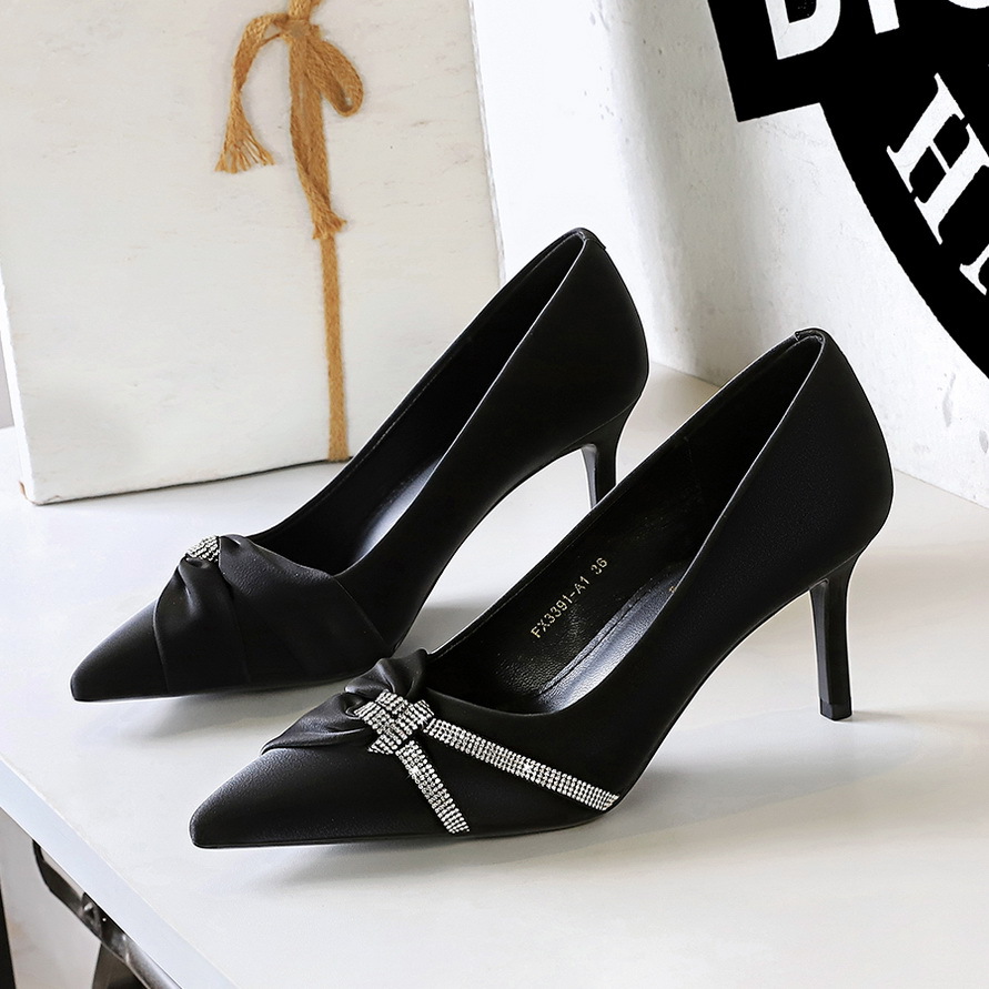3391-A1 European And American Fashion Party Heels Stiletto Shallow Pointed Rhinestone Bow High Heel Pumps Women's Shoes_vogvips.com