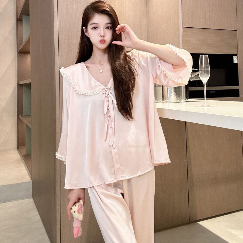 Pajamas Women's 2024 Autumn New High-end Ice Silk Sweet Cute Navy Collar Middle Sleeve Pants Home Clothes suit