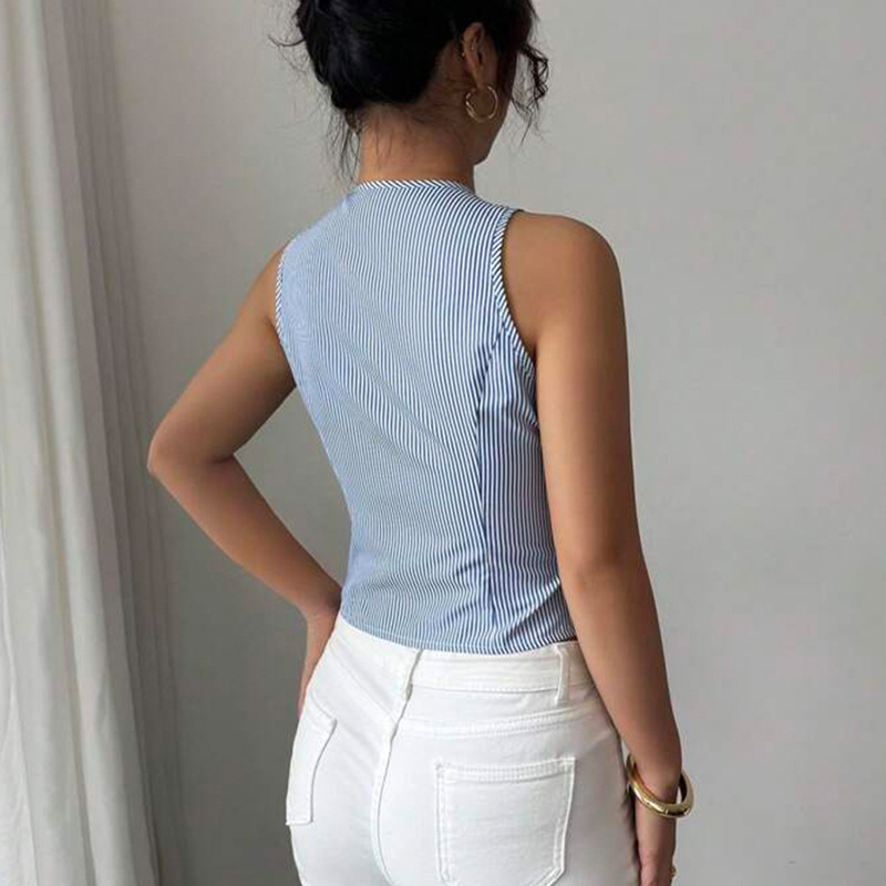 Cárdigan sin mangas a rayas para mujer, estilo casual y elegante, ideal para el verano._voghion.com