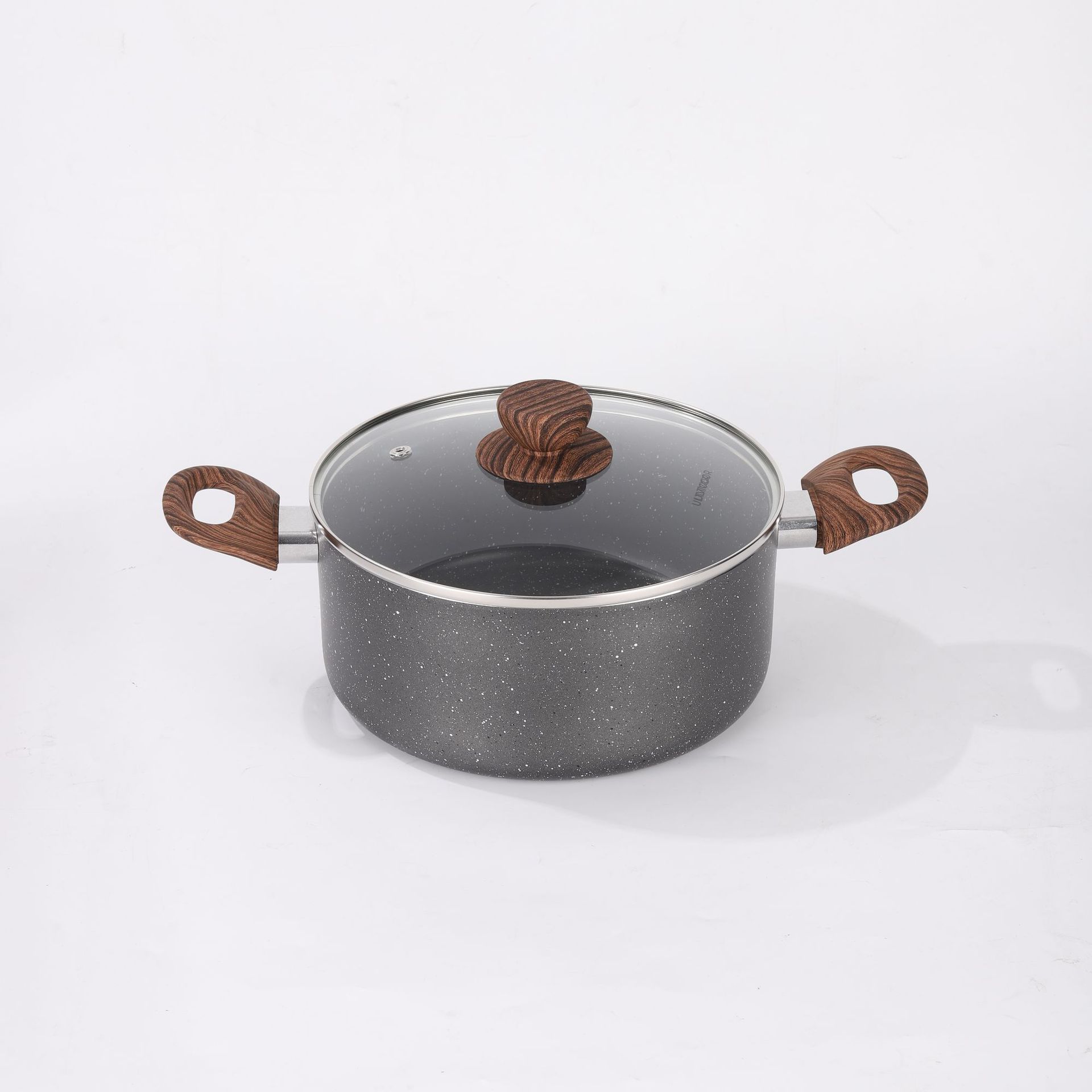 Sartén antiadherente de aluminio de piedra médica, wok, sartén, olla de sopa, mango de madera, colador, pala de tres piezas al por mayor