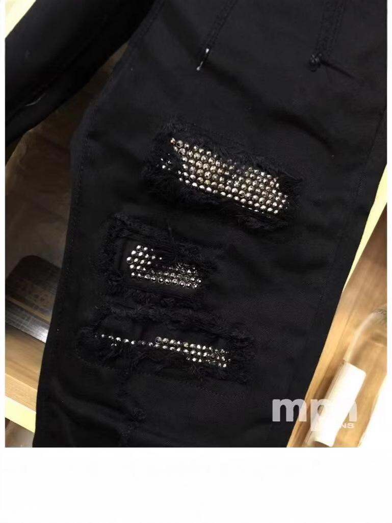 New Casual High Street Ripped Jeans Unisex Rhinestone Slim Straight Pants Spring Autumn Mid-Waist Regular_mkmklike.com