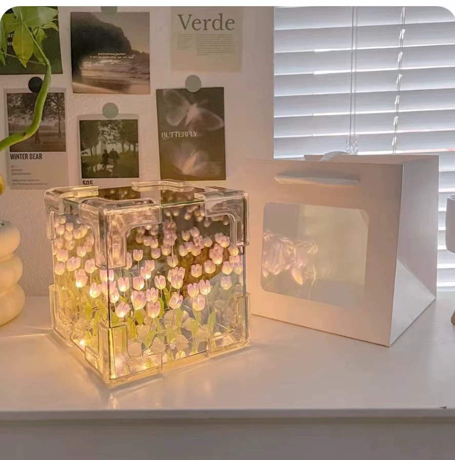 Glass Night Light Cube, Battery LED Flower String, 2–3 m, Giftable Birthday Decor
