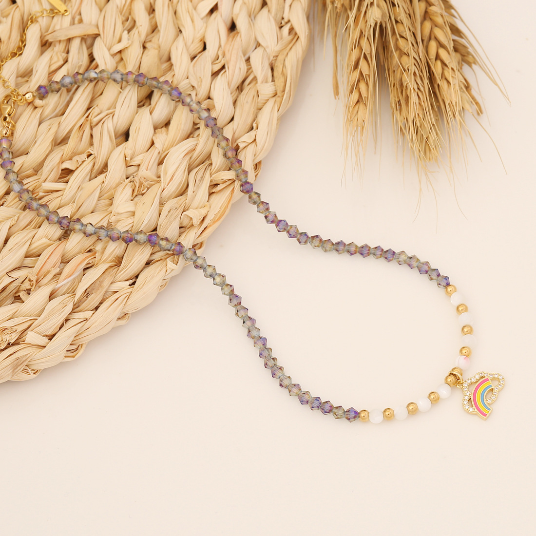 Fashion Heart Shape Eye Stainless Steel Crystal Copper Beaded Pendant Necklace 1 Piece