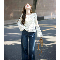 秋の服とセットの大きいサイズの太ったmmの透かし彫りのニットのデニムの広い足のズボンのファッションの揚げ物の2つのセットの女性