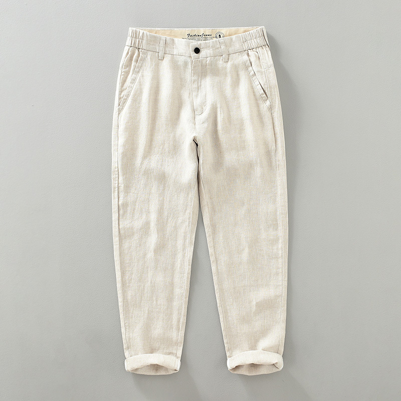 1333 Summer Thin Solid Color Casual Pants Men's Tapered Linen Pants Breathable Japanese Young Men's Cropped Cotton and Linen Pants