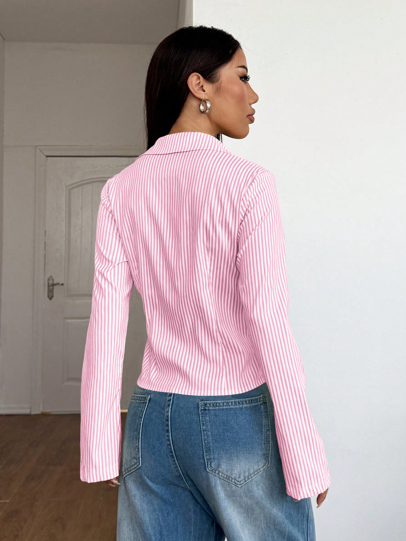 Daily Occasion Wholesale Women's Spandex Polyester Casual Stripe Long Sleeve Blouses