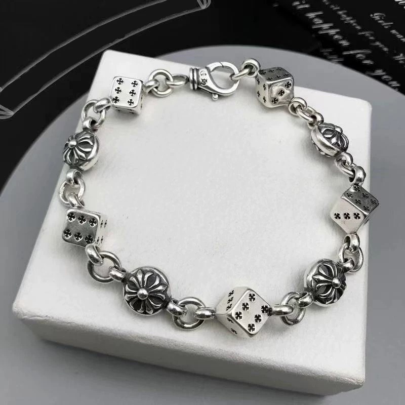 New Silver Retro Cross Rattan Flower Bracelet Domineering Fashion Men's Couple Bracelet Thick Chain Dice Letters