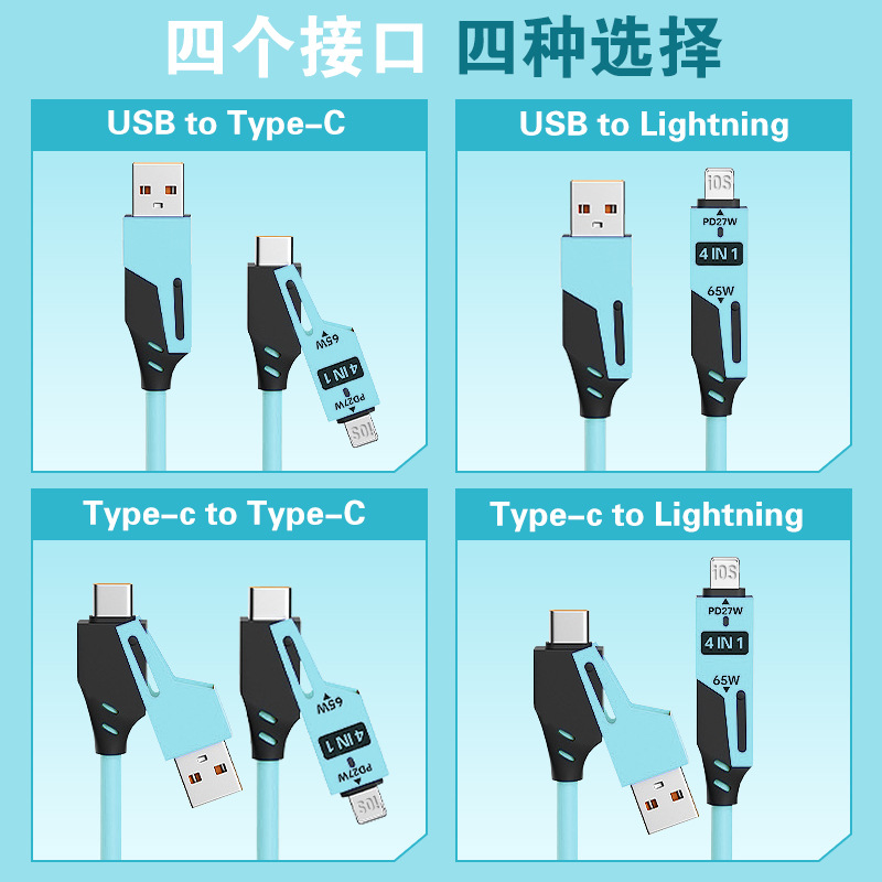 65W急速充電スプリング伸縮式TypeC 2-in-2データケーブル、AppleとHuaweiの急速充電に対応した4-in-1充電ケーブル