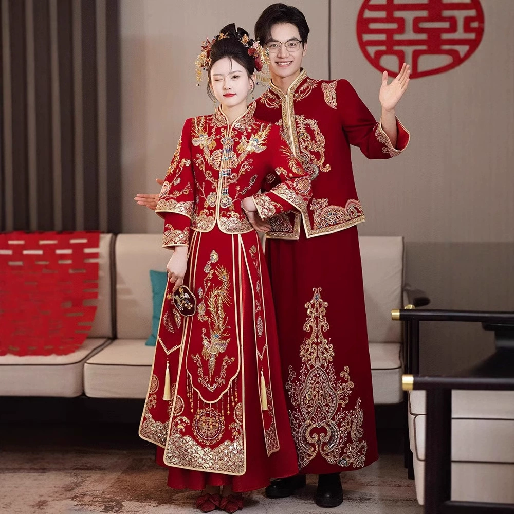 Свадебное платье Сюхэ 2025: Новинка, китайский стиль, для миниатюрных невест, элитное, для торжеств, комплект Сюхэ