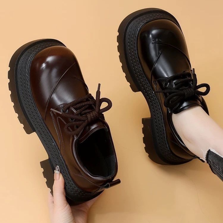 Zapatos Lofu de suela gruesa de 7CM para mujer 2025 primavera y otoño nuevo estilo zapatos con cordones de punta redonda dos zapatos de cuero pequeños de aumento cómodo de algodón
