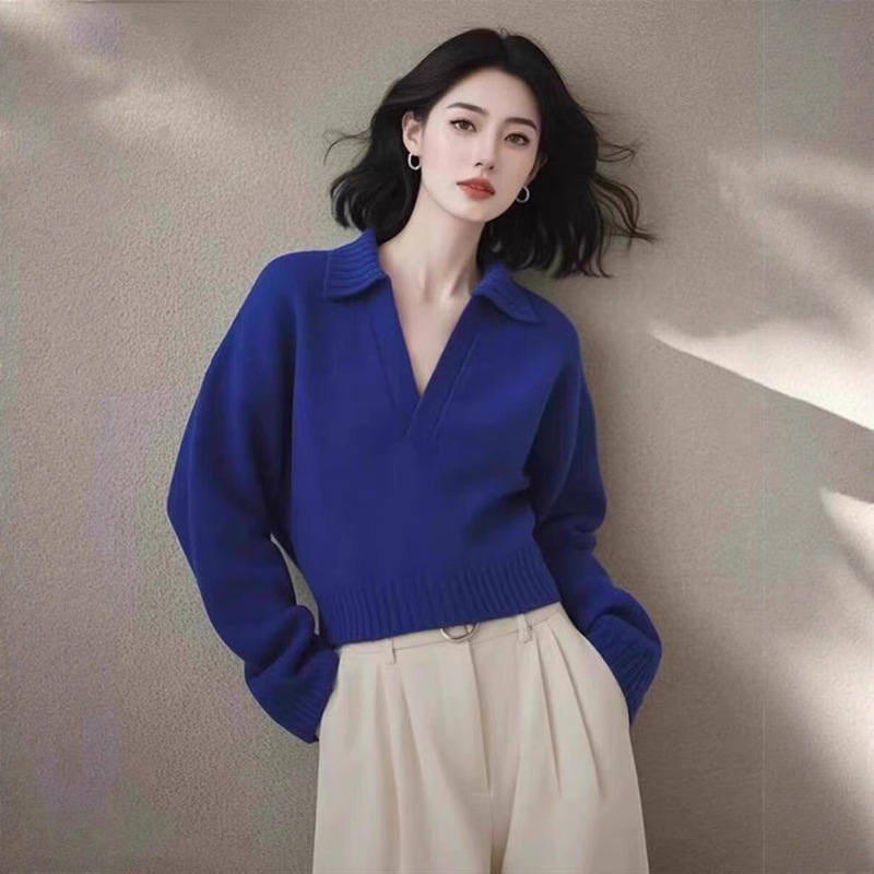 法式高级感半开领蓝色毛衣女新款时尚克莱因蓝上衣长袖针织衫|undefined