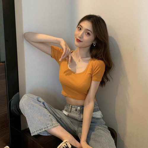 Korean-style women's new sexy sweet and spicy candy-colored short U-neck slim-fit tight short-sleeved T-shirt female top for summer