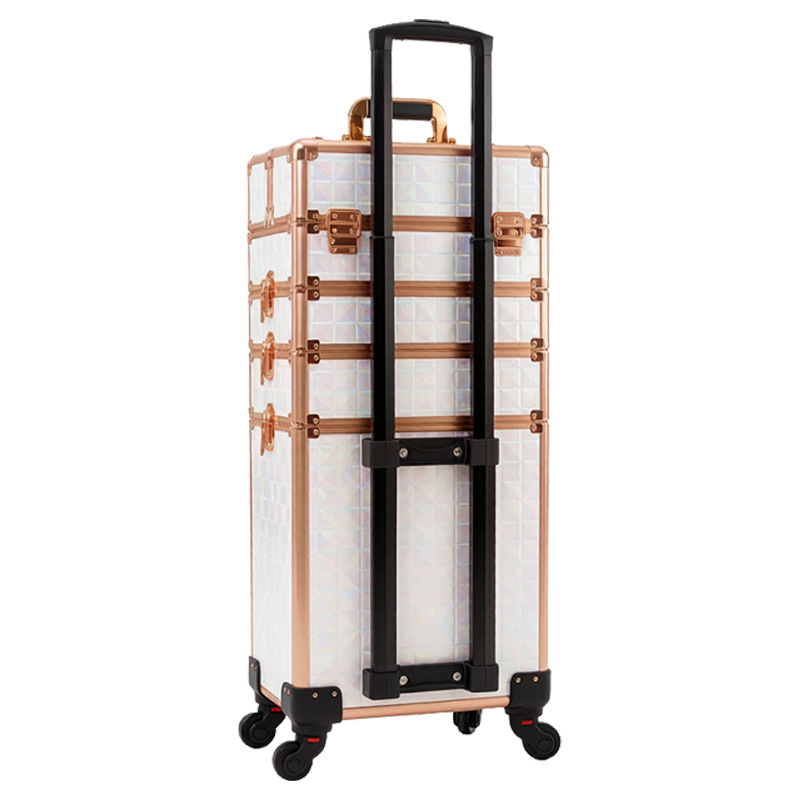 Caja de maquillaje de varilla de tracción con rodillos de almacenamiento móviles para maquillaje multicapa portátil de manicura, peluquería, caja de herramientas de bordado